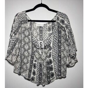 Abercrombie & Fitch Boho Paisley Lace Up Peasant Top M Black White Bell Sleeve